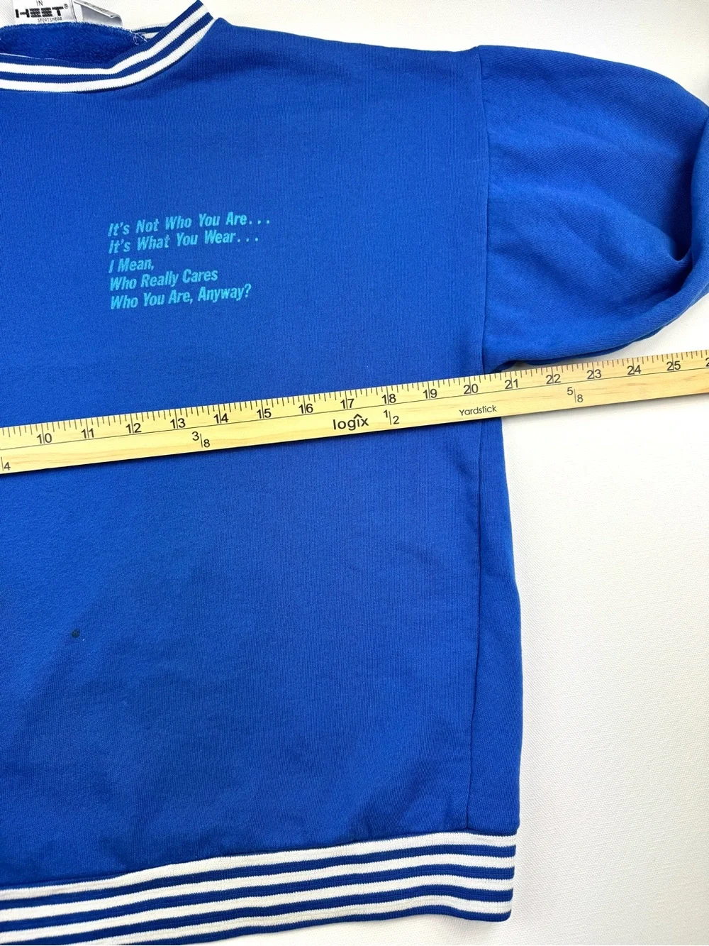 Vintage Chill Out Graphic Varsity Crewneck Sweatshirt Striped Blue Cuffs 1980s